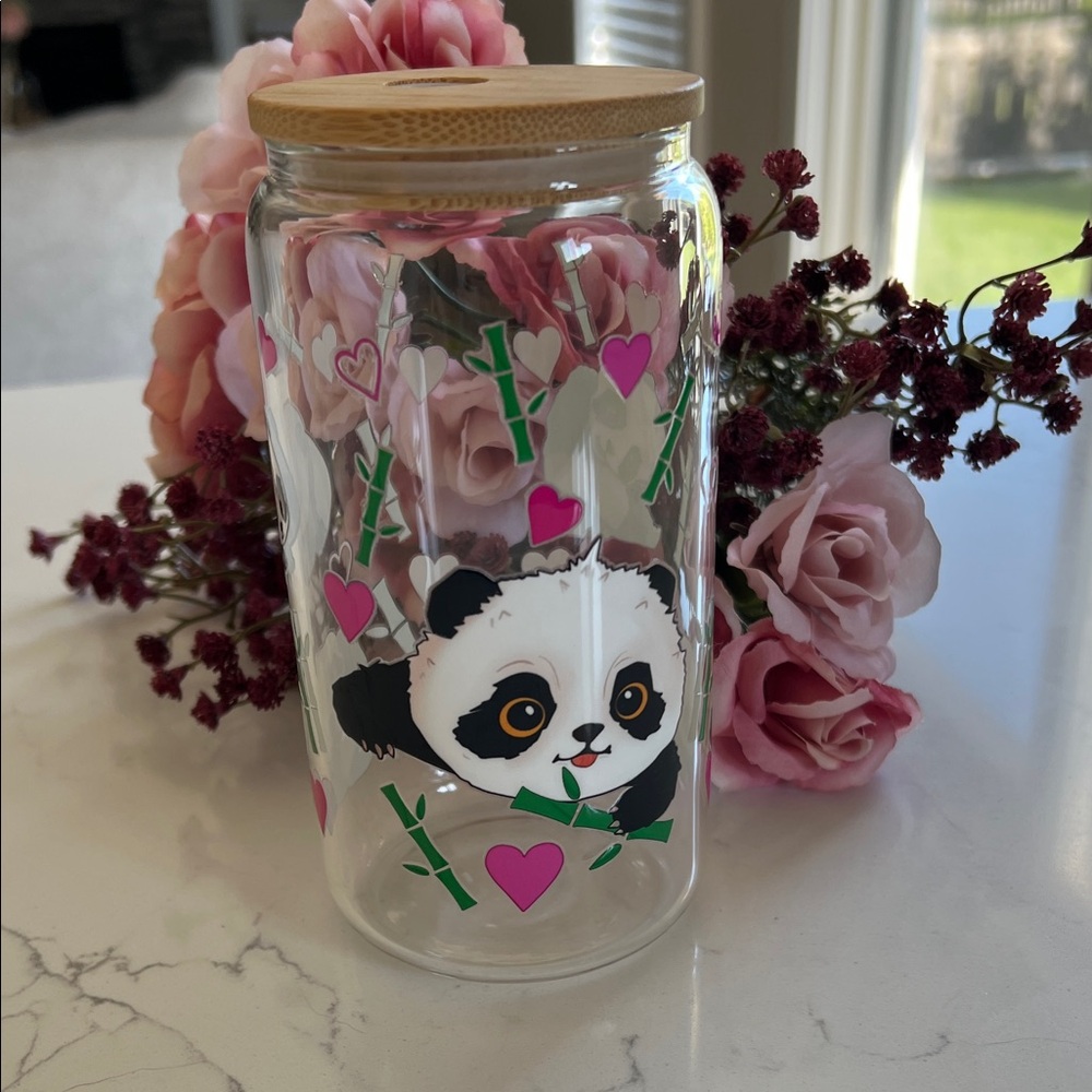 Cute Panda Glass Jar with Bamboo and Hearts